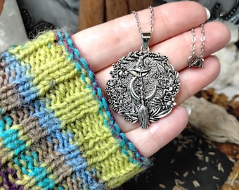 Witch & Broomstick Moon Necklace, Floral Wreath Pendant, Hedgewitch Jewellery, Wiccan Pagan Gift