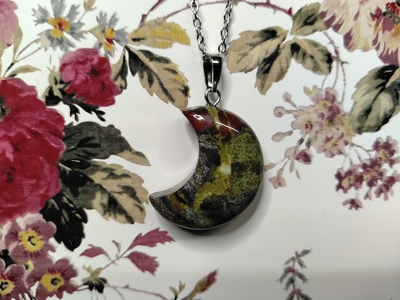 Dragon’s Blood Jasper Moon Necklace,Strength, Vitality Amulet, Root & Heart Chakra, Courage, Grounding Witchy Gift