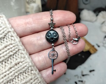 Hekate Devotional Necklace, Owl & Witch Knot Key, Pentacle, Hematite Protection Jewellery, Keeper of the Keys, Witchy Gift