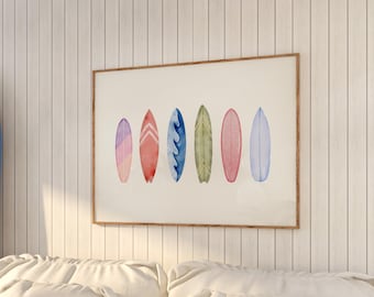 Stampa acquerello di tavola da surf / Arte costiera da spiaggia