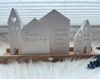 Personalisierte Deko Häuser aus Keraflott I Familienname Gravur I Geschenk Familie