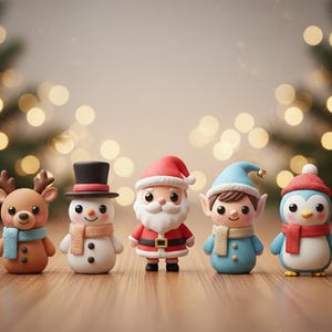 Może przedstawiać: Kolekcja pięciu figurek o tematyce bożonarodzeniowej: renifer, bałwan, Święty Mikołaj, elf i pingwin. Każda postać ma unikalny design i schemat kolorów. Tło przedstawia rozmyte światła bokeh.