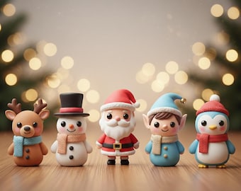 May include: A collection of five Christmas-themed figurines. A reindeer, snowman, Santa Claus, elf, and penguin are arranged in a row. Each figure has a unique design and color scheme, with a blurred background of bokeh lights.