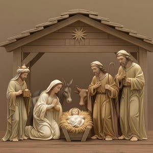 Op de afbeelding: Een kerststal met figuren van Maria, Jozef, het kindje Jezus en de drie wijzen, samen met een ezel en een koe. De figuren dragen crèmekleurige en gouden gewaden, in een houten stal met een ster op het dak. De scène staat op een houten oppervlak.