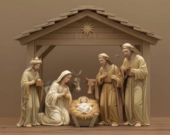 May include: A Nativity scene with figures of Mary, Joseph, baby Jesus, and the three wise men, along with a donkey and a cow. The figures are in cream and gold robes, set inside a wooden stable with a star on the roof. The scene is on a wooden surface.