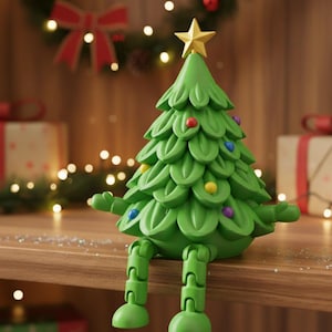 Può includere: Statuetta a forma di albero di Natale verde con stella dorata. L'albero ha ornamenti colorati e braccia e gambe articolate. La statuetta è seduta su una superficie di legno. Decorazione natalizia festosa.