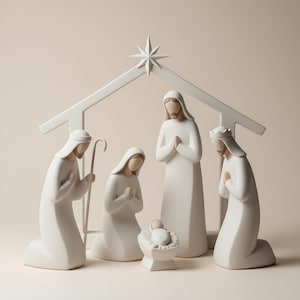 Peut inclure: Une crèche blanche représentant Marie, Joseph, l'enfant Jésus et les trois rois mages, sous un abri blanc surmonté d'une étoile. Les personnages sont agenouillés ou debout en prière, avec des tons de peau neutres.