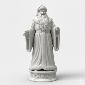 Puede incluir: Estatua blanca de Papá Noel, con una larga barba blanca, un gorro y una túnica con ribete de piel. La estatua está sobre una base decorativa con un diseño ornamentado. Un brazo está extendido, el otro sostiene un pequeño objeto.