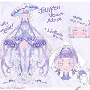 以下が含まれることがあります： 紫と白の色調で描かれたクラゲをテーマにしたVtuberキャラクターのデジタルイラスト。キャラクターはフリル付きの半透明な衣装とクラゲの形をしたヘッドピースを着用している。テキストには「JELLYFISH Vtuber Adopt」、「Fully Rigged!」、「many expressions」、「+ 1 fullbody Drawing」と記載されている。
