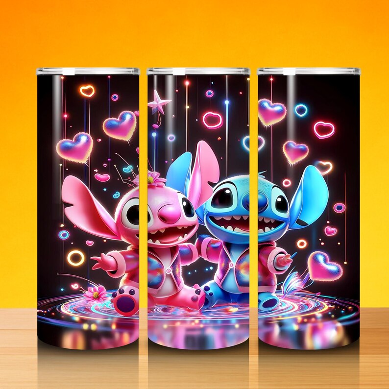 May include: Three tumblers with a colourful design featuring Stitch and Angel from Lilo & Stitch. The design includes hearts, stars, and light effects against a black background. The tumblers are cylindrical and appear to be made of metal.