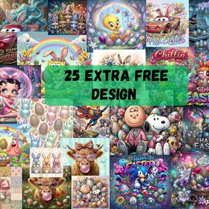 Puede incluir: Un collage colorido de arte digital con tem&aacute;tica de Pascua, con personajes de dibujos animados, huevos de Pascua y conejitos. Se muestra el texto "25 EXTRA FREE DESIGN". Las im&aacute;genes incluyen "Happy Easter" y otros gr&aacute;ficos.