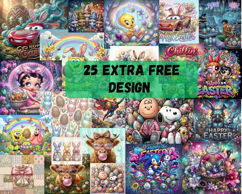 Puede incluir: Un collage colorido de arte digital con tem&aacute;tica de Pascua, con personajes de dibujos animados, huevos de Pascua y conejitos. Se muestra el texto "25 EXTRA FREE DESIGN". Las im&aacute;genes incluyen "Happy Easter" y otros gr&aacute;ficos.
