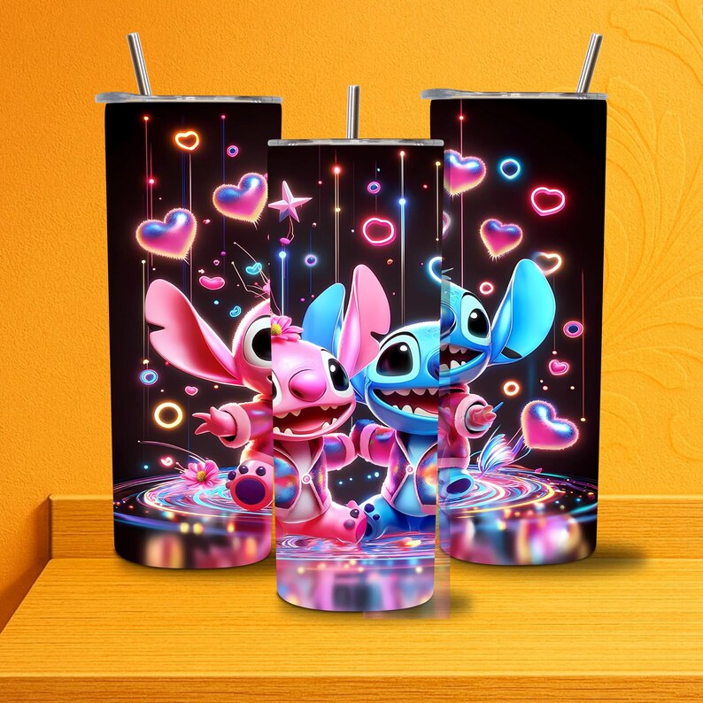 May include: Three black insulated tumblers featuring the characters Stitch and Angel from Lilo & Stitch. The tumblers have a black background with neon hearts, stars, and circles. Each tumbler has a silver lid and a straw.