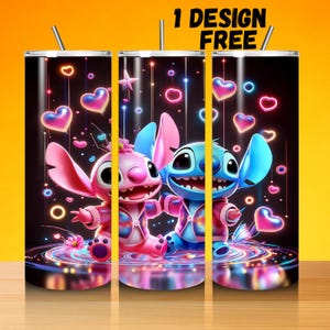 May include: Three stainless steel tumblers with a colourful design featuring the characters Stitch and Angel from Lilo & Stitch. The design includes hearts, stars, and neon accents. Each tumbler has a straw and the text "1 DESIGN FREE".