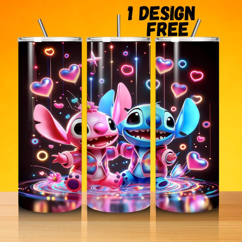 May include: Three stainless steel tumblers with a colourful design featuring the characters Stitch and Angel from Lilo & Stitch. The design includes hearts, stars, and neon accents. Each tumbler has a straw and the text "1 DESIGN FREE".