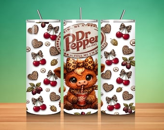 Envoltorio para vaso Dr Pepper con diseño de vaca de las Tierras Altas / Lazo coqueto de leopardo cereza (Descarga digital)