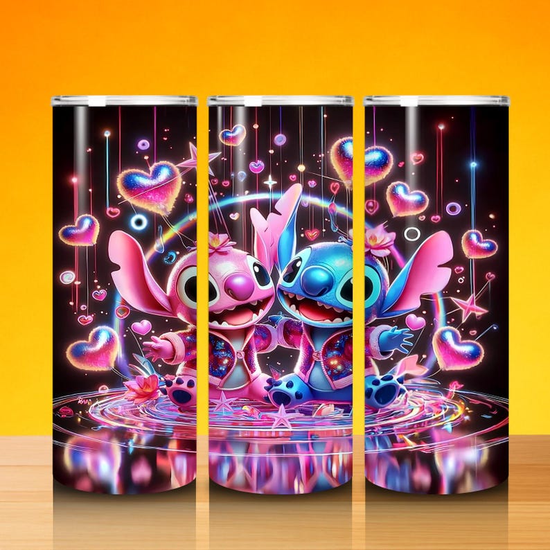 May include: Three stainless steel tumblers with a colourful design of two cartoon characters, one pink and one blue, surrounded by hearts and glowing lights. The design has a black background with pink, blue, and purple accents. The tumblers are on a yellow background.