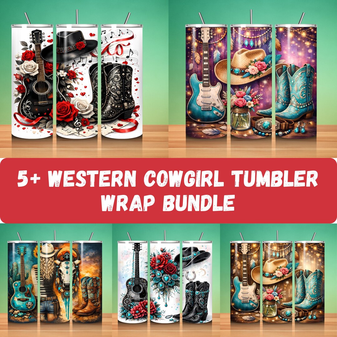 Cowgirl Tumbler Wrap PNG, Western Boots, Guitar Floral Design (digital ...