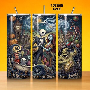 Puede incluir: Un juego de tres vasos de acero inoxidable con un dise&ntilde;o envolvente que presenta personajes y escenas de "Pesadilla antes de Navidad". El dise&ntilde;o incluye a Jack Skellington, Sally y Oogie Boogie, con el texto "The Nightmare Before Christmas" y "The Fool's Journey."