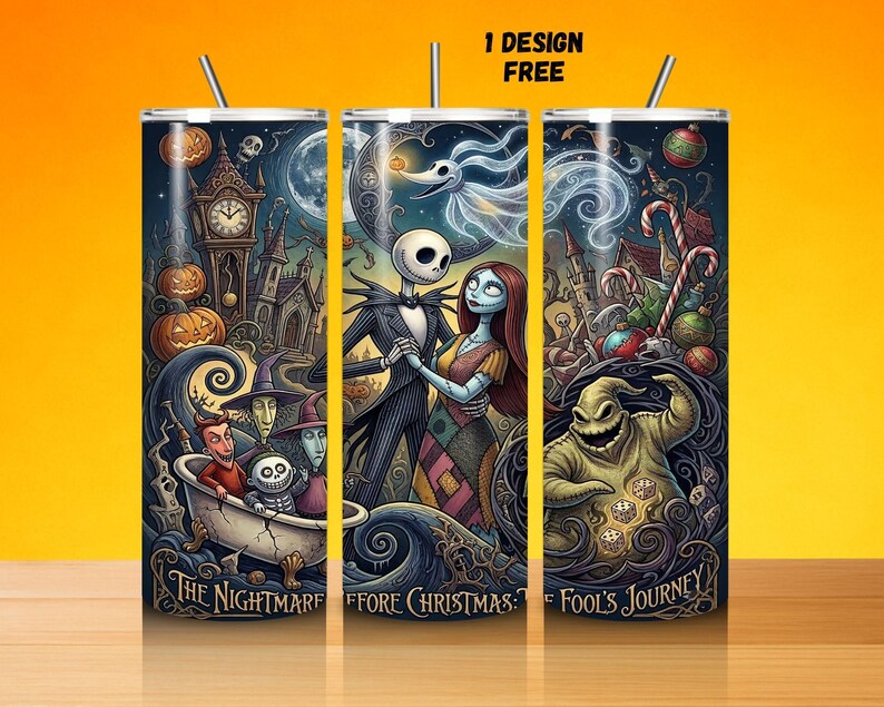 Puede incluir: Un juego de tres vasos de acero inoxidable con un dise&ntilde;o envolvente que presenta personajes y escenas de "Pesadilla antes de Navidad". El dise&ntilde;o incluye a Jack Skellington, Sally y Oogie Boogie, con el texto "The Nightmare Before Christmas" y "The Fool's Journey."