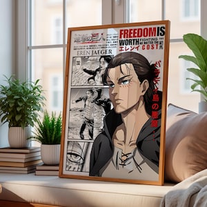Può includere: Un poster rettangolare incorniciato con illustrazioni in stile anime di Eren Jaeger da L'Attacco dei Giganti. La stampa include pannelli manga, testo giapponese e la frase in inglese FREEDOM IS WORTH FIGHTING FOR NO MATTER THE COST in grassetto.