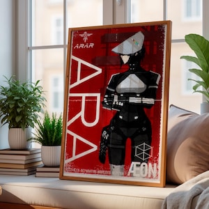 Puede incluir: Un póster rectangular enmarcado que presenta un personaje estilizado con equipo táctico negro sobre un fondo rojo intenso. El texto ARA está impreso en letras blancas grandes verticalmente, con la palabra AEON y el logotipo ARAR visibles.
