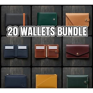 Könnte beinhalten: Eine Auswahl verschiedener Ledergeldbörsen in verschiedenen Farben, darunter Schwarz, Grün, Braun und Gelb. Einige Geldbörsen sind zweifach gefaltet, andere haben einen Reißverschluss oder einen Knopfverschluss. Der Text "20 WALLETS BUNDLE" ist in großen weißen Buchstaben dargestellt.