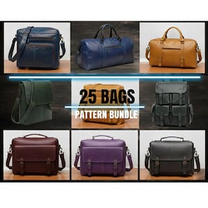 May include: A collection of leather bags in various styles and colors, including a messenger bag, duffel bag, and briefcase. The image features a variety of colors, including blue, brown, green, purple, and black. The text "25 BAGS PATTERN BUNDLE" is displayed.