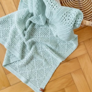 May include: A light blue knitted blanket with a textured, open weave design. The blanket is folded and draped over a woven basket, with a wooden floor in the background. A small brown tag is sewn on the corner.