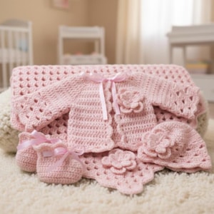 Puede incluir: Un conjunto de bebé rosa tejido a crochet, que incluye una manta, chaqueta, gorro y patucos. La chaqueta y el gorro presentan adornos florales y lazos de cinta. El conjunto se exhibe sobre una alfombra blanca, sugiriendo un tema de guardería.
