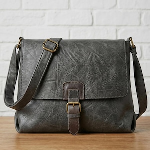 May include: A gray messenger bag with a textured finish, featuring a flap closure and adjustable shoulder strap. The bag has a brown leather accent on the front with a buckle closure. The hardware is a brass color.