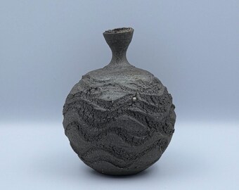 Wabi Sabi Textured Black Vessel Charred Earth Hand-Built Stoneware Form