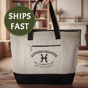 Bookish AQUARIUS: Zippered Tote Bag (yes i annotate in code-just try to crack it)| Zodiac Birth Sign Accessory | Astrology & Book Lover Gift