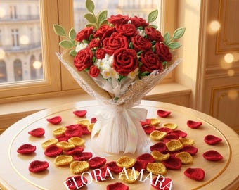 Ramo de rosas de crochet hecho a mano, regalo romántico Forever Rose para ella, aniversario, día de la madre y San Valentín, decoración de bodas y decoración del hogar.