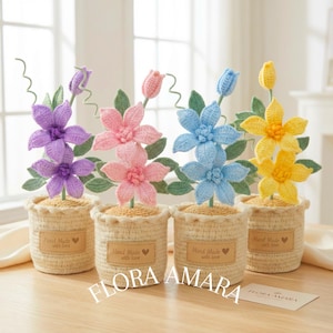 Handmade Crochet Florida Clematis Flower Pot Decor Arrangement | Knitted Flowers Gift for Mom, Wife, Birthday, Christmas, Valentines Day