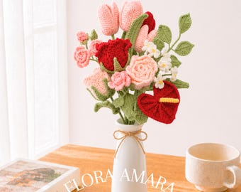 Handmade Crochet Flower Rose Bouquet – Tulips & Lilies –  Gift for Her, Mom, Friend, Mothers Day, Valentine’s Day, Birthday, Anniversary
