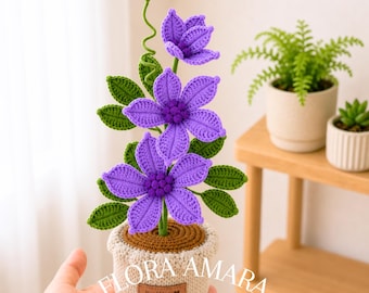Crochet Flower Pot | Handmade Purple Clematis Desk Decor | Teacher Thank You Gift | Office Shelf Home Nursery Decor | Birthday Present