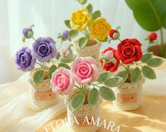 Crochet Rose Pot | Handmade Flower Gift | Desk Decor | Graduation & Housewarming Gift | Birthday, Mother’s Day, Anniversary