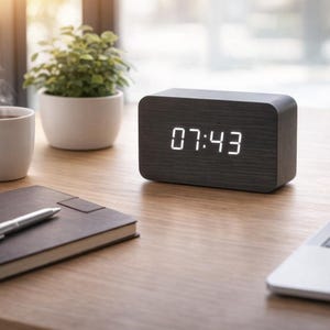 Puede incluir: Un reloj digital de madera que muestra las 07:43 está sobre un escritorio de madera. Una taza blanca con café, un cuaderno con un bolígrafo, una pequeña planta en maceta y un ordenador portátil también están en el escritorio. La escena está iluminada por luz natural.