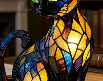 Handgemaakte glas-in-lood dierenlampen | Handgemaakte sfeerverlichting | Lampen met kat, dolfijn en symbolische natuurelementen