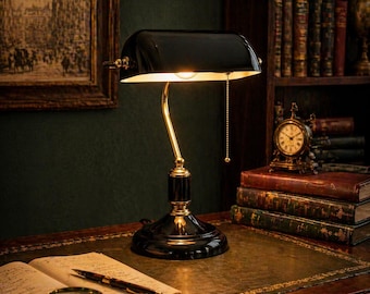 Vintage Banker Desk Lamp Classic Brass Office Light with Pull Chain | Retro Library Table Lamp for Elegant Workspace