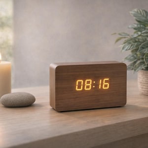 Puede incluir: Un reloj digital de madera que muestra 08:16 en números naranjas. El reloj tiene forma rectangular con esquinas redondeadas, colocado sobre una superficie de madera. Una vela encendida y una piedra están a la izquierda, y una planta en maceta a la derecha.