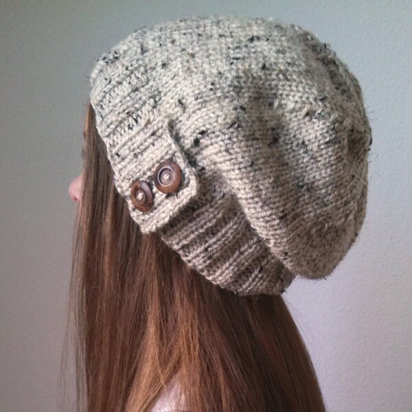 Knit slouchy hat with button/s - OATMEAL (more colors available - made to order)