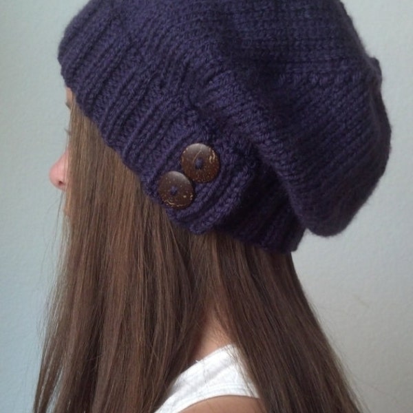 Knit slouchy hat with button/s - PURPLE (more colors available - made to order)