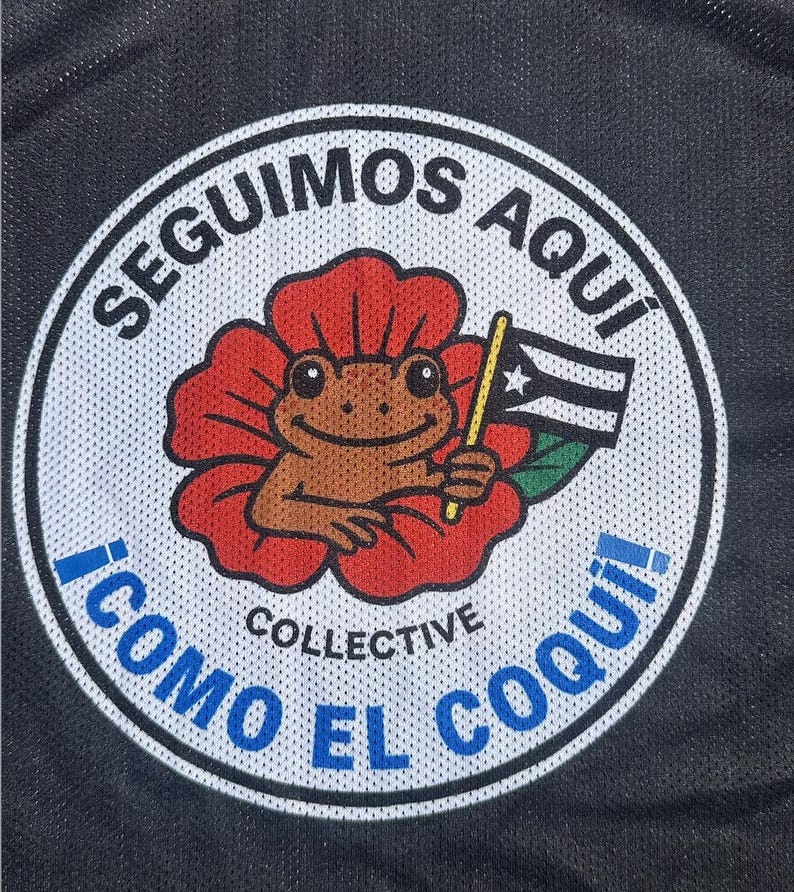 K&ouml;nnte beinhalten: Ein kreisf&ouml;rmiger Aufn&auml;her mit einem Cartoon-Frosch, der eine puerto-ricanische Flagge in einer roten Blume h&auml;lt. Der Aufn&auml;her tr&auml;gt die blauen Schriftz&uuml;ge "SEGUIMOS AQUI" und "COMO EL COQUI" mit "COLLECTIVE" in der Mitte.