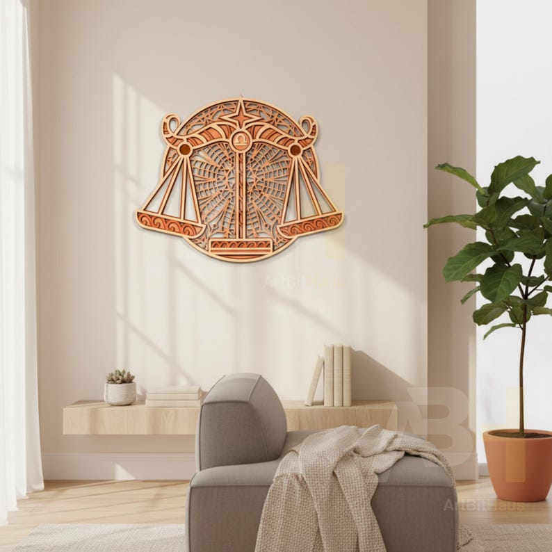 May include: Wooden Libra zodiac sign wall art. The layered design features the scales of justice, a star, and intricate geometric patterns. The artwork is made of light and dark brown wood, creating a 3D effect. It is mounted on a neutral-colored wall.