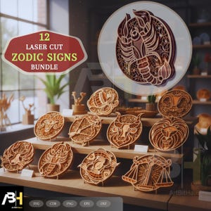 Archivos SVG cortados con láser en capas de signos del zodíaco / Paquete de astrología (descarga digital)