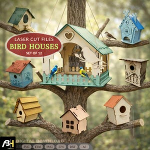 May include: A selection of 12 laser-cut birdhouses in diverse designs, presented on tree branches. The birdhouses showcase varied colours and styles, including a bird feeder with a heart-shaped aperture. The image includes the text "LASER CUT FILES BIRD HOUSES SET OF 12".