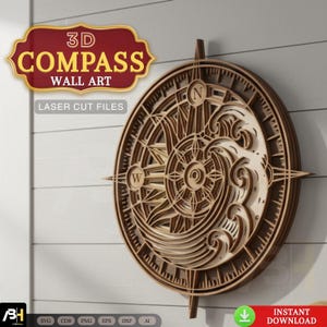 Pode incluir: Uma peça de arte de parede de bússola 3D em madeira em camadas. O design apresenta uma rosa dos ventos com detalhes de ondas, e o texto "3D COMPASS WALL ART" é exibido acima. Corte a laser.