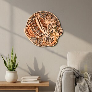 May include: A layered wooden wall art piece depicting the Aquarius zodiac symbol. The artwork features a water bearer design in shades of light brown and orange, set against a circular background with intricate cut-out patterns. The piece is mounted on a neutral-colored wall.